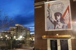 A hopeful image created by R I S D alum Shepard Fairey projected onto the auditorium exterior