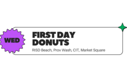 graphic with purple starburst that says wednesday, first day donuts