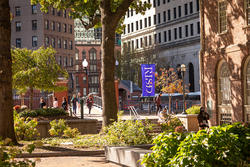 Students and families exploring the RISD campus together in downtown Providence.