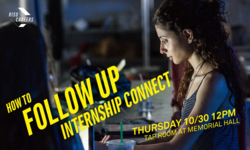 Follow UP after internship connect in yellow text on top of image of a student on a computer