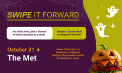 Swipe it forward purple and green infographic with halloween decorations