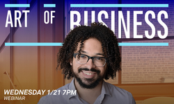 Art of business in white text over blue gradient with a photo of a man smiling