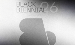 black and white graphic with black biennial 26 and a backwards B over a black and white gradient