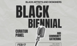 Black biennial in bold font over crumpled paper texture