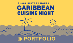 yellow and blue graphic with caribbean cuisine night @ portfolio on it