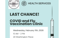 COVID and Flu Vaccine Clinic in black text over blue background with RISD health services logo