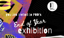 bright graphic with POD exhibition in white text