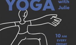 Black background with cartoon in warrior 2 yoga position