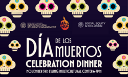 Sugar skulls on black background with event details
