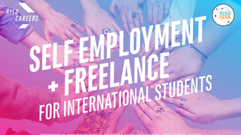 Pink and blue overlay on a photo of hands with self employment and freelance for International students in white text