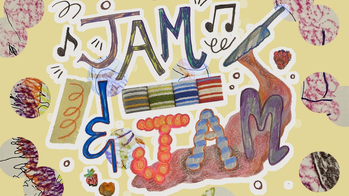 Jam and Jam graphic with bright colors and abstract squiggles