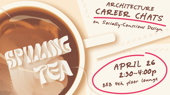 coffee cup with spilling tea inside with architecture for all in script font