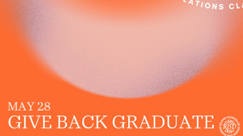 give back graduate in white over orange background
