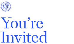 white background with blue text that reads You're Invited